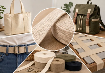Cotton webbing strap uses for bags, belts, and furniture.