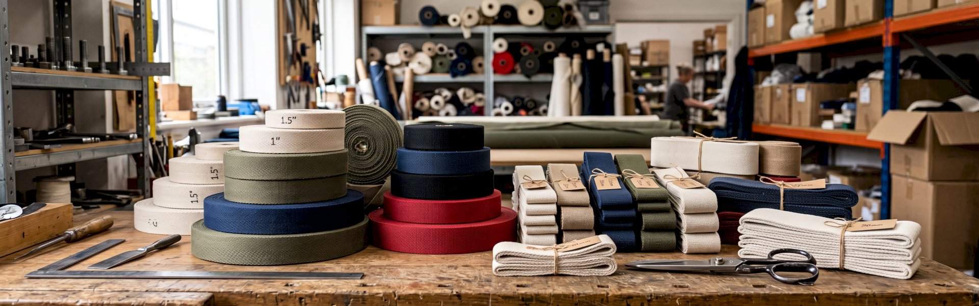 Cotton webbing rolls and cut strips displayed for industrial and craft use