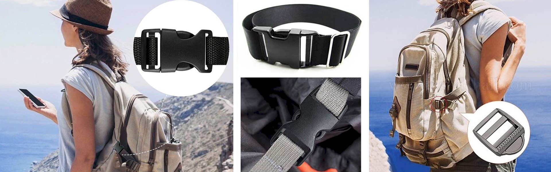 Ladderlock buckles used for tightening webbing on bags, luggage and outdoor gear
